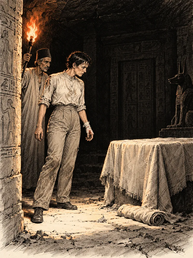A torch-lit tomb chamber. The hero walks toward a covered altar while an old guide watches.