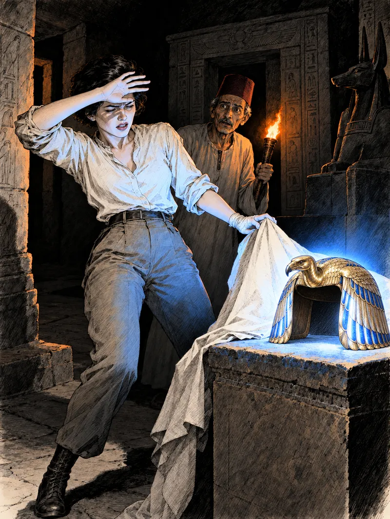 The hero pulls the cloth from the altar and a golden crown blazes with blue light.