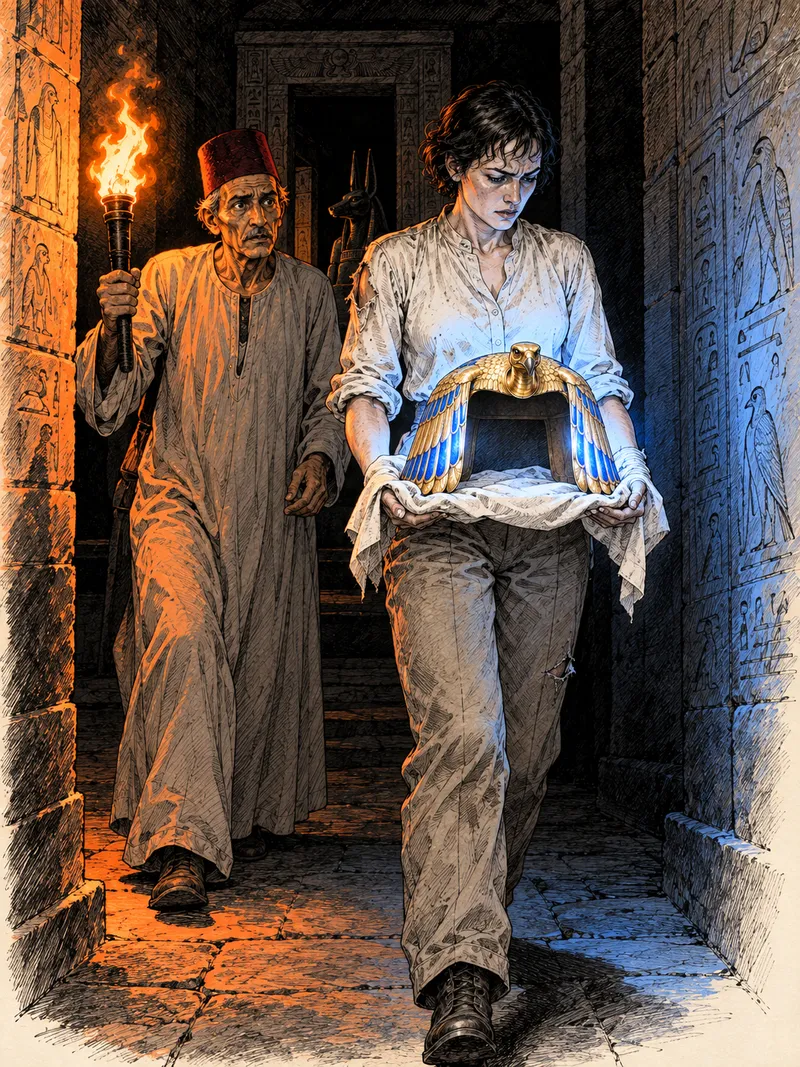 The hero carries the crown in the cloth down a corridor, the guide following with a torch.