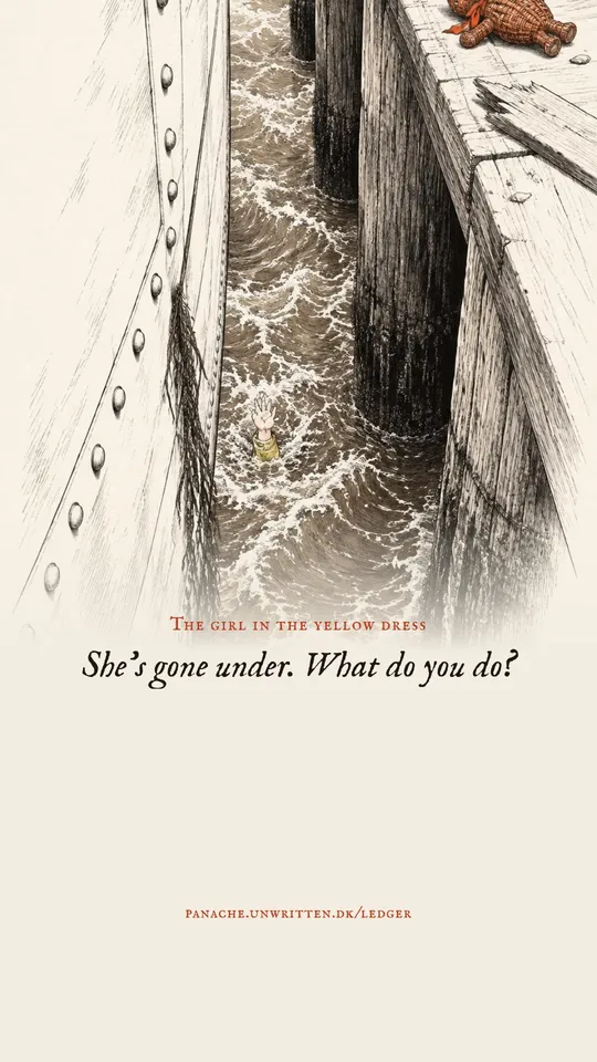 Story frame: the girl in the yellow dress. “She’s gone under. What do you do?”