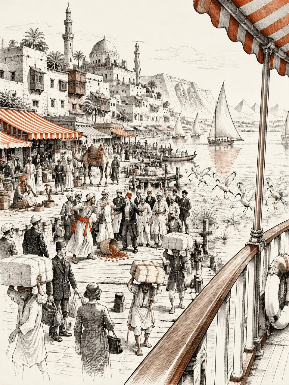 A crowded harbour on the Nile seen from the deck of a steamer: porters, camels, minarets and sailing boats