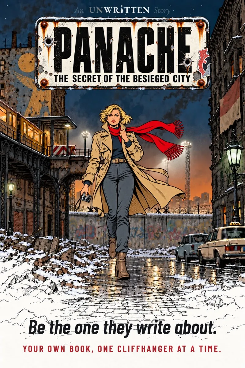 Poster: Panache, The Secret of the Besieged City. A woman in a trench coat walks through a snowy, divided city at night.
