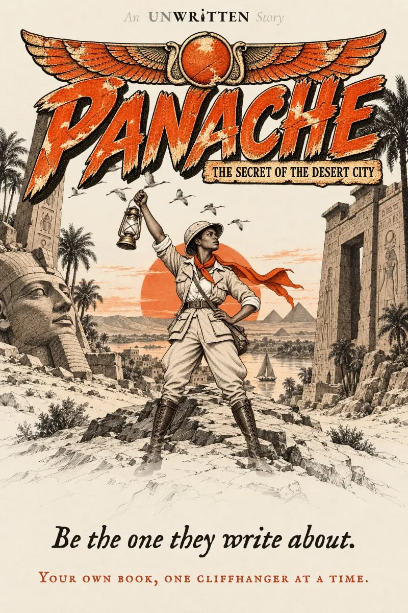 Poster: Panache, The Secret of the Desert City. An explorer raises a lantern among Egyptian ruins. “Be the one they write about.”