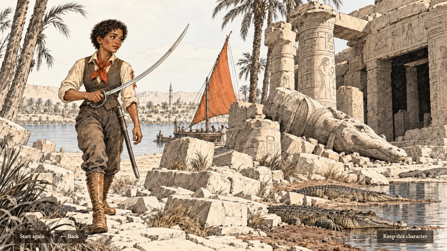 Evelyn, now drawn in the game’s ink style, walks with the sabre past temple ruins by the Nile, a red-sailed boat behind.