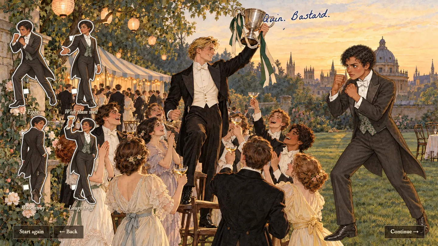 At dawn after a ball, Quin raises a trophy among cheering friends while Evelyn faces him in a boxing guard.