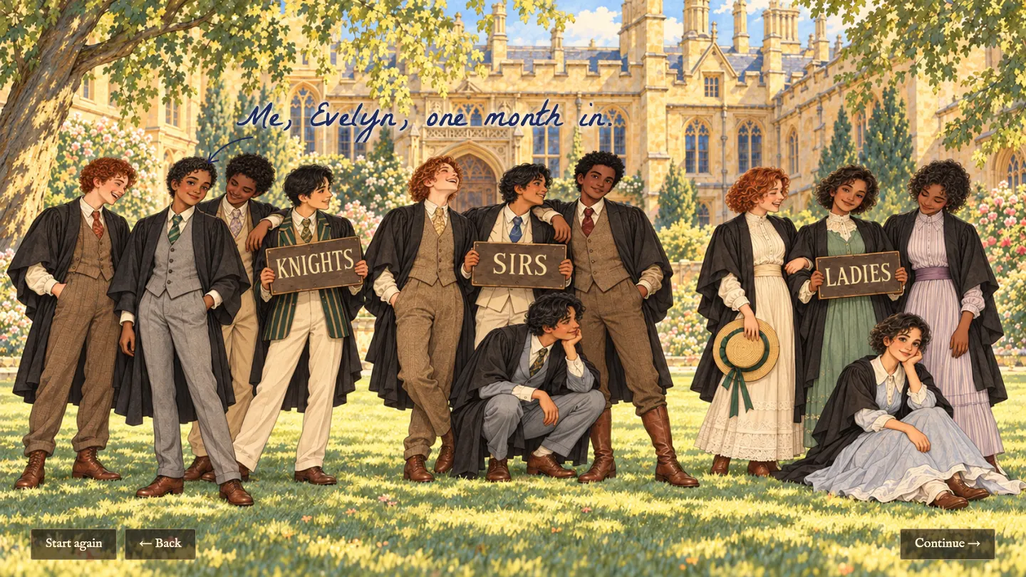A college class photograph on a lawn: twelve students in gowns, in three groups behind boards that read Knights, Sirs and Ladies.