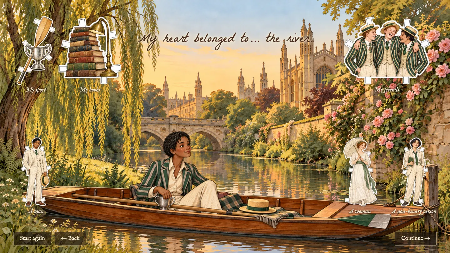 Evelyn alone in a punt on a college river at evening, with paper cutouts of possible loves and passions around the picture.
