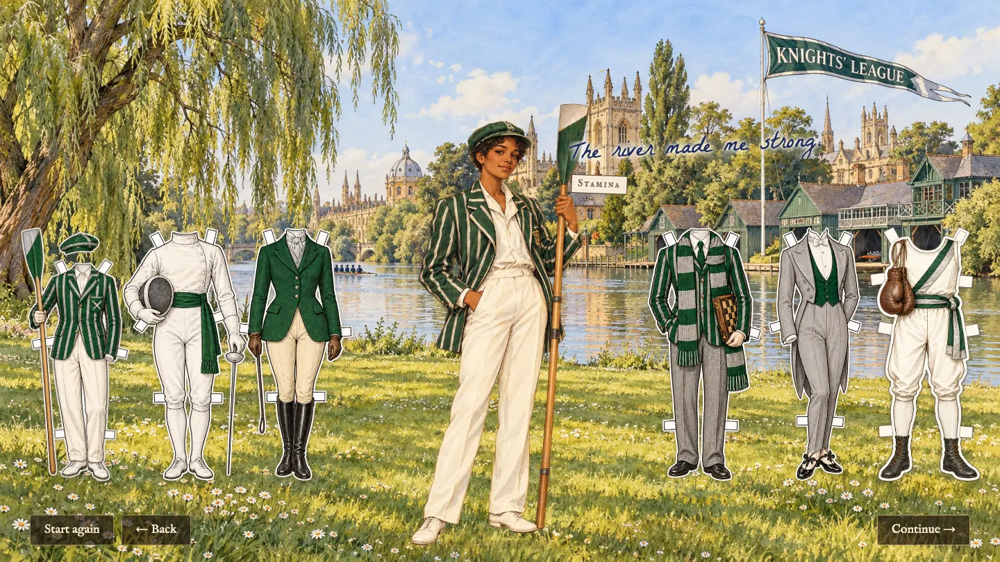 Evelyn in a striped rowing blazer by a river, holding an oar, among paper sports outfits under a Knights League banner.