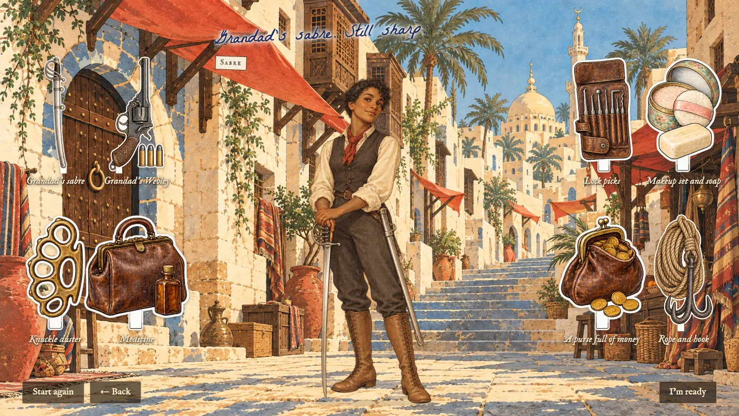 Evelyn in expedition clothes on a sunny street in Nayara, holding a sabre, with tools for trouble pinned around the picture.