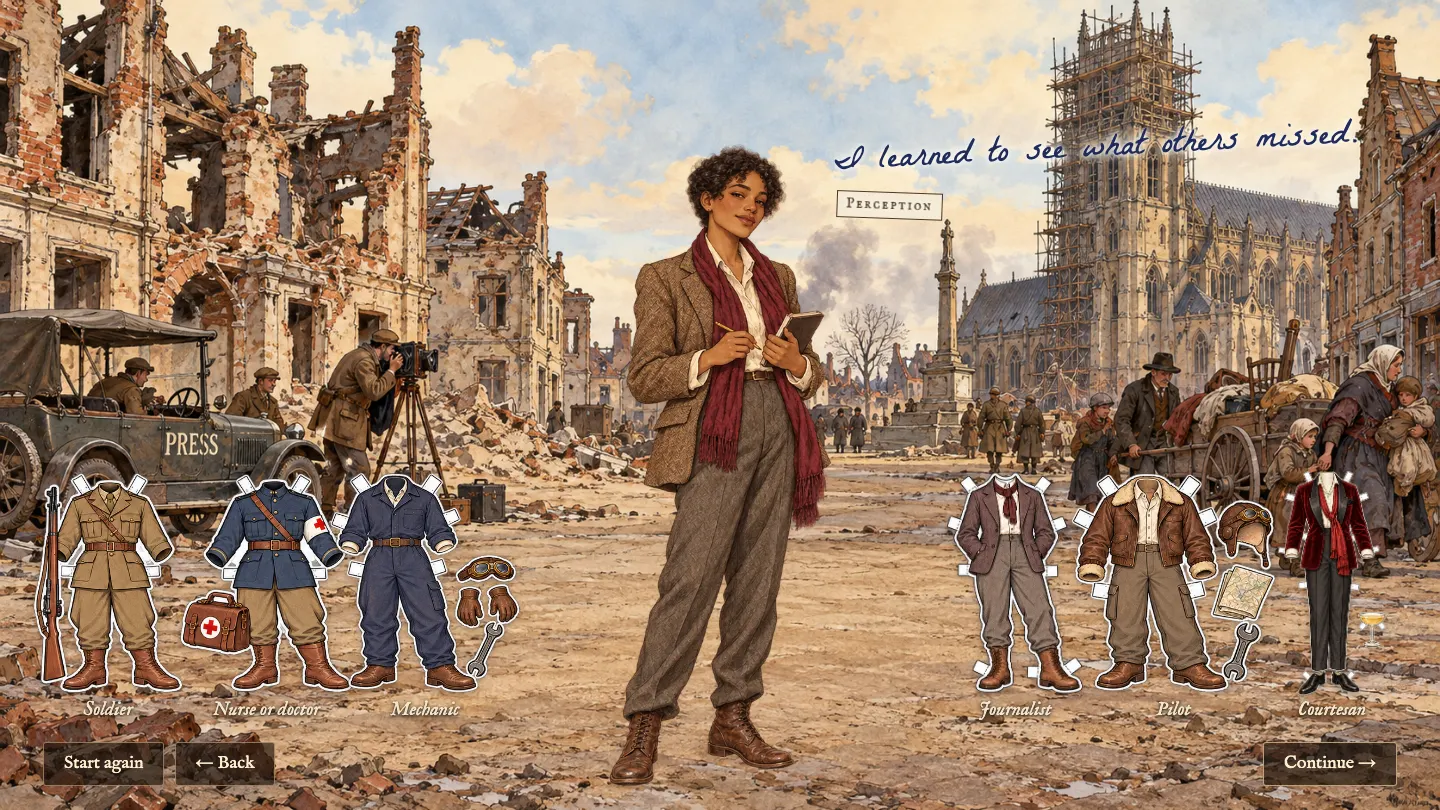 Evelyn as a war journalist in a ruined town beside a press car, with six paper costumes around the picture.