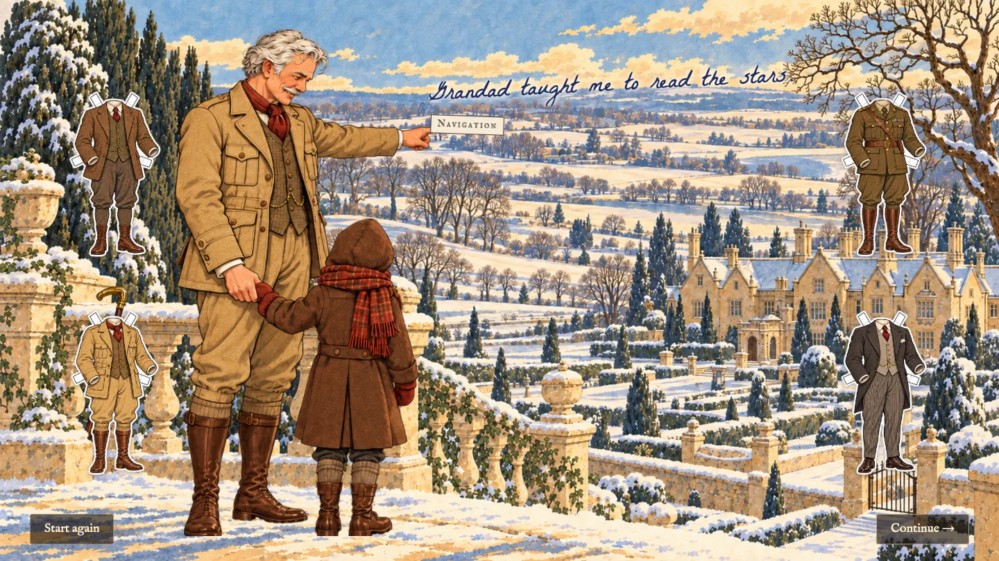 A snowy terrace above an English estate. Grandfather Mortimer points into the distance, holding the hand of a bundled child. Paper outfits stand at the sides.